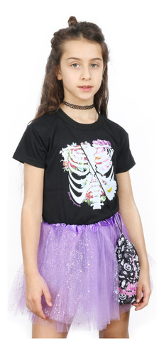 Halloween!conjunto Esqueleto Nena Tutu Glitter Liso+ Bolsita