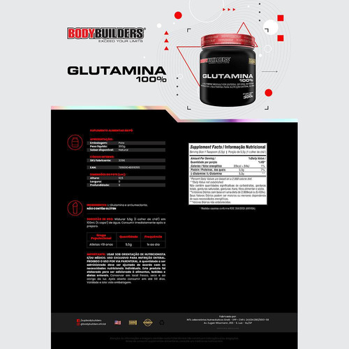 Glutamina 100% 300g - Bodybuilders