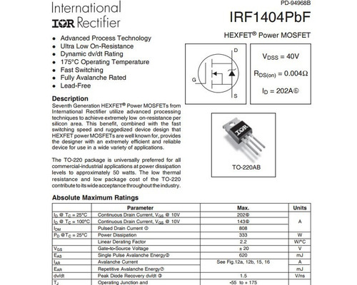 Imagen 3 de 6 de Transistor Mosfet Irf 1404 Irf1404 40v 202a Original Ir X5un