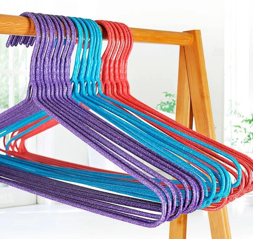 Set 10 Ganchos Para Ropa De Acero Plastificado Colores 42cm Color Coral