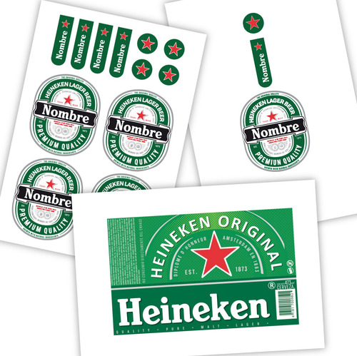Kit Etiqueta Porrón + Lata Heineken Editable. Imprimible