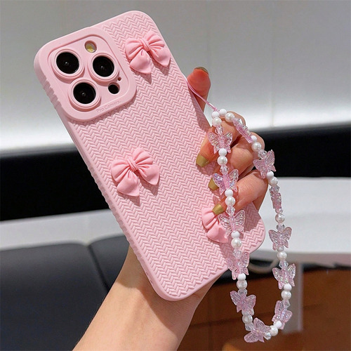 Funda Para iPhone Cute Fashion 3d Con Forma De Lazo Rosa Y Cadena Con Forma De Mariposa