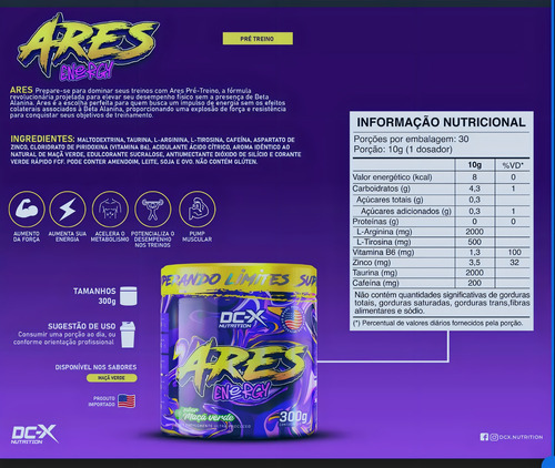 Ares Energy Pré Treino 300g Dc-x Nutrition Sabor Maça Verde
