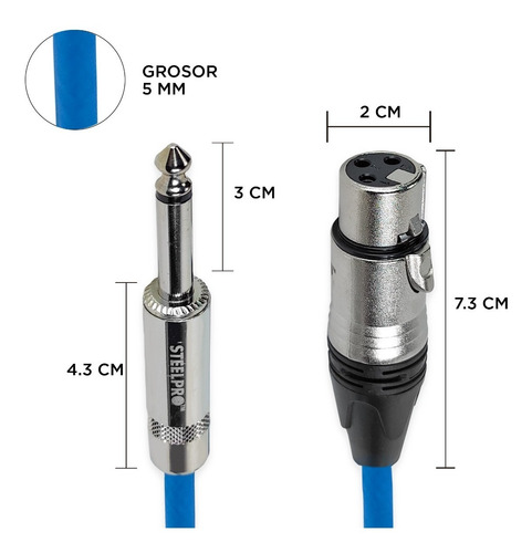 Imagen 4 de 5 de Cable Para Microfono Profesional 3m Hembra-plug 6.3 Steelpro