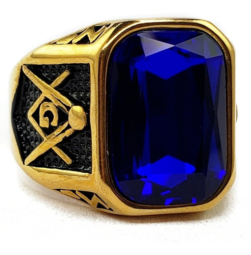 Anillo Masónico Elegante De Lujo Azul Acero Inoxidable Dorad