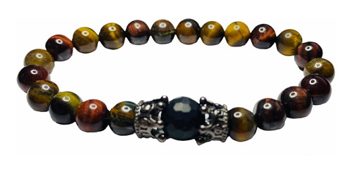 Pulsera Ojo De Tigre Y Ónix Facetado Con Dijes Corona