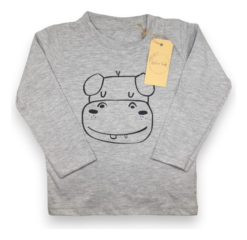 Remera Estampada Bebe Manga Larga Gris Hipopótamo Ambar Kids