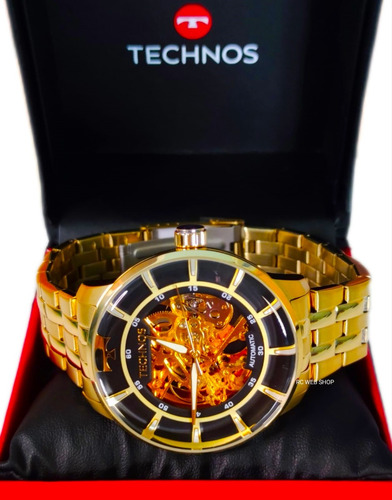 Relógio Technos Masculino Automático Esqueleto Dourado 5 Atm