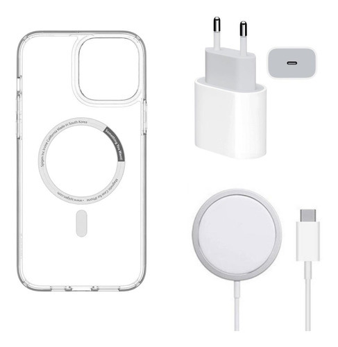 Kit Carregador Magsafe + Capa Magsafe E Fonte Para iPhone 13 Cor Branco