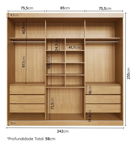 Guarda-roupa Casal 3 Portas De Correr Ripadas Com Gi