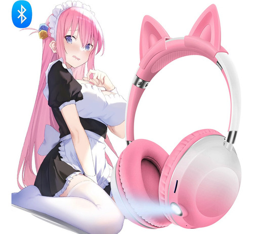 Audífonos Gamer Inalambricos Bluetooth Con Micrófono Y Led Color Rosa