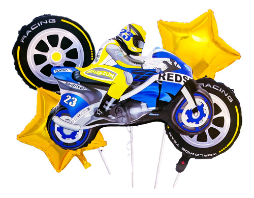 Bouquet Globos Carrera Ruedas Estrellas Dorado Motocicleta