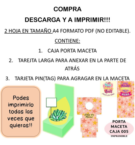 Imagen 3 de 3 de Kit Imprimible Caja Porta Maceta Para Mamá 005 Con Tarjeta