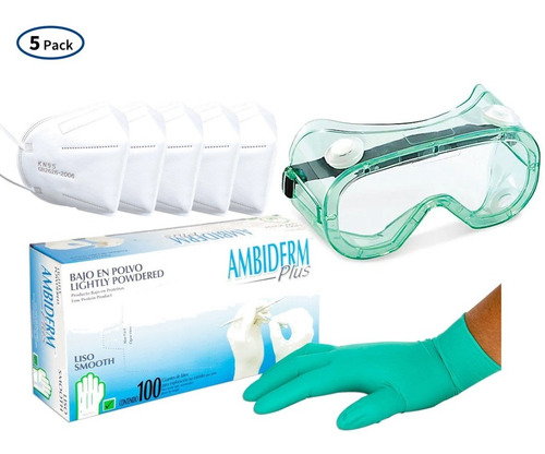 Kit 100 Guantes Ambiderm Plus 5 Cubrebocas Kn95 Fda Y Gogles