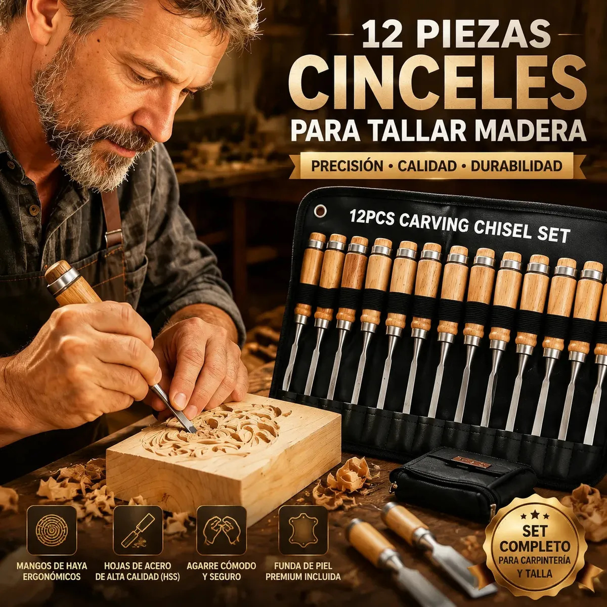 Set de Cinceles para Tallar Madera LAOLIS, 12 Piezas, de Acero al Carbono