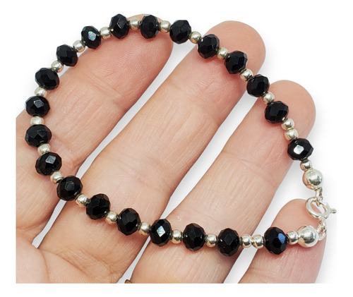 Pulsera Plata Con Cristales Negros Y Bolitas De Plata