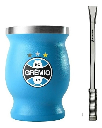 Bomba de acero inoxidable Cuia Grêmio + Chimarrão Mate en caja, soporte para hierbas blancas, taza de primavera de 19 cm