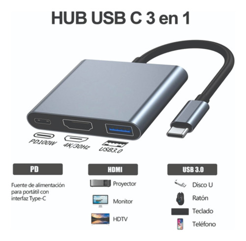 Adaptador Tipo C A Hdmi 4k Convertidor Hub Usb 3.0 3 En 1