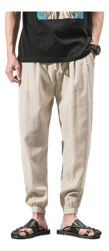 Pantalones Casuales Retro Algodón Y Lino Hombre Color Sólido