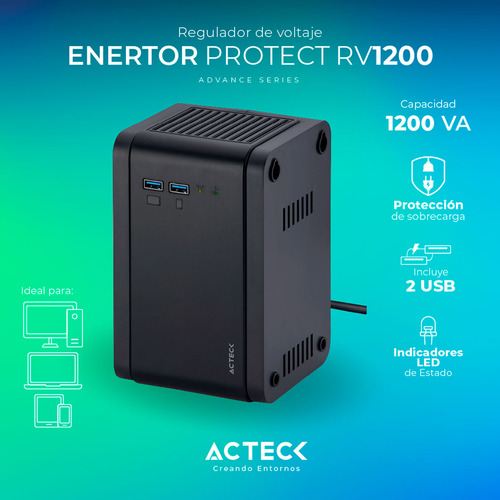 Regulador De Voltaje Acteck Rv1200 1200va 8 Contactos 2 Usb