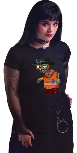 Playera Alfa Negra Plantas Vs Zombies Poncho Vaquero