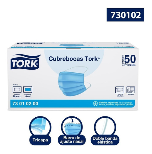 Tork Cubrebocas Tricapa Azul 1 Paq / 50 Piezas