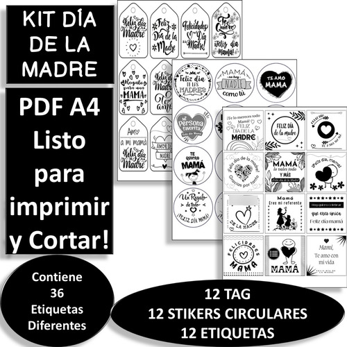 Imagen 1 de 4 de Kit Imprimible 03 Blanco Negro Dia De La Madre Emprendedores