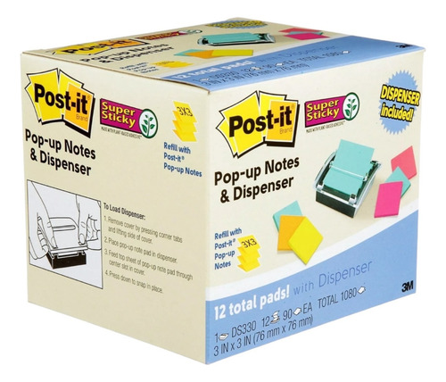 Dispensador Notas Adhesivas 3m Post It 3x3 + 12x Pads Neon Color Dispensador + 12 Pads Colores Mixtos