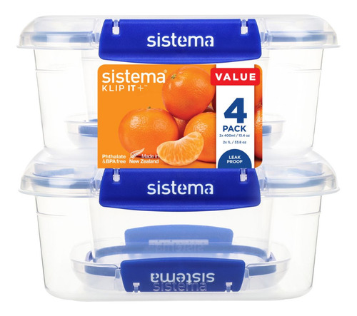 Set De 4 Contenedores Sistema Klip It Plus 400ml Y 1l