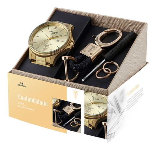 Kit Relógio Masculino Profissões Contabilidade Dourado Secul