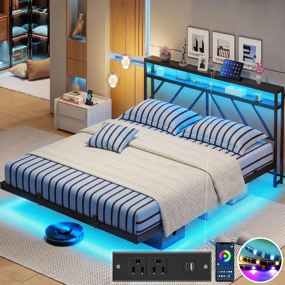 Base Cama Matrimonial FURRIFIC con Cabecero Madera, Luces LED y Estación de Carga