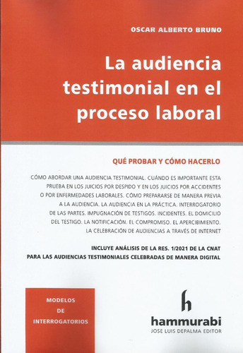 La audiencia testimonial en el proceso laboral. Qué probar y cómo hacerlo, de Aboso, Gustavo E.. Editorial Hammurabi, tapa blanda, edición 1 en español, 2021