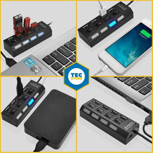 Imagem 6 de 10 de Hub Usb 4 Portas Carregador Adaptador Led Chave Seletora 2.0