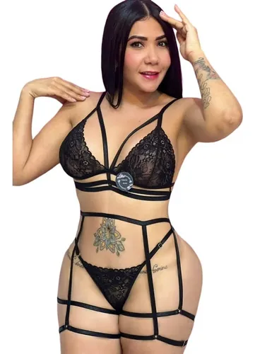 Conjunto, Set, Panties, Ligueros, Arnés, Encaje, 