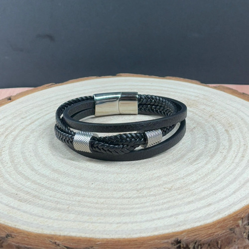 Pulsera De Cuero Genuino + Acero Inoxidable Elegante Hombre