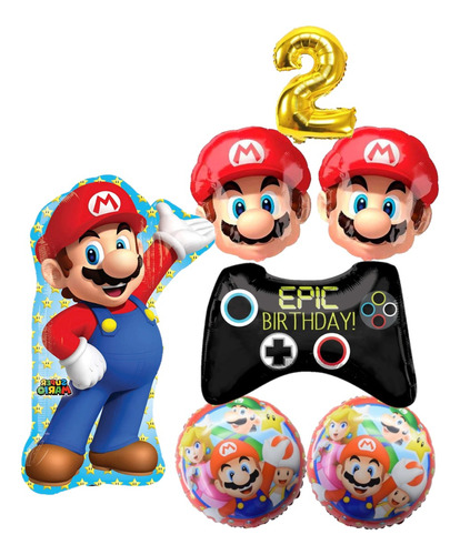 Set De Globos Super Mario Bros + Número Metálizado - Paquete