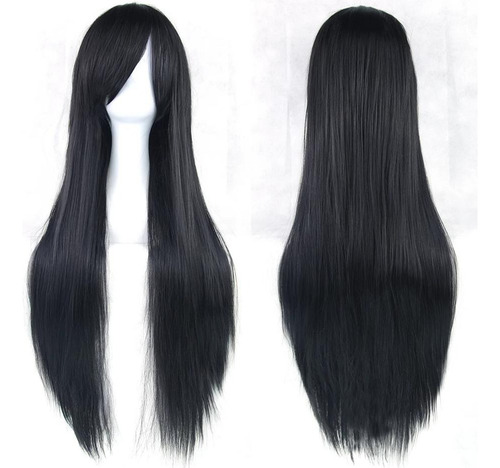 Peluca Negra Lisa (negro Total) Fibra Kanekalon Cosplay Color Negro Tamaño De La Base Unitalla