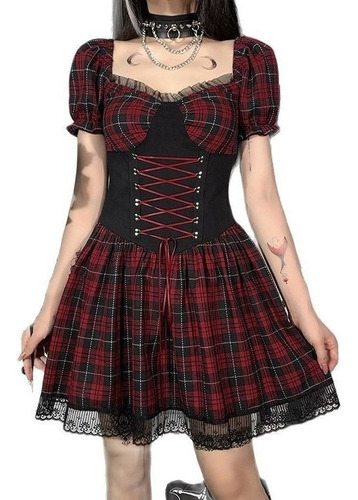 Mini Vestido Gótico Steampunk Lolita Y2k Cordones A Cuadr