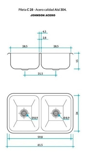 Imagen 2 de 6 de Bacha/pileta Doble De Acero Inoxidable C28 Johnson