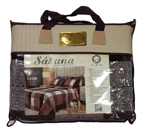 Juego De Sábanas C.d.o. 2 1/2 Plazas Americano 203x228 Cm Marrón - Gris Y Bordo Cuadro Moderno