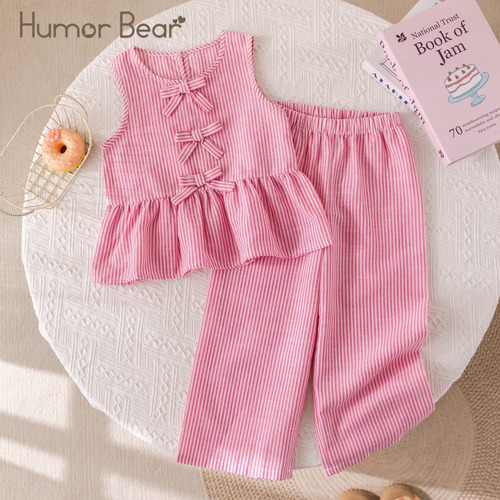 Conjunto Para Niñas Top De Moños Pantalón Pie Ancho Rayas Rosa - Blanco 7 Años