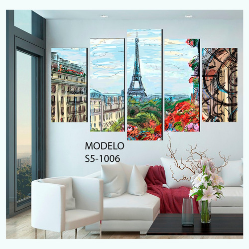 Cuadro Decorativo 5 Piezas Paris Francia Retro Dibujo Sala 