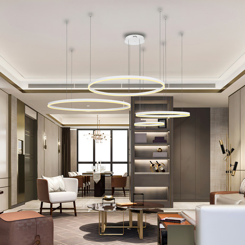 GMH luminária Lustre Pendente Led Moderno Pé Direito Alto 3 metros Hall Aneis Led Estrutura Branco