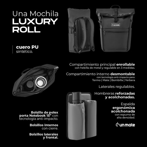 Mochila Matera Porta Notebook Termo Luxury Roll - Un Mate Color Negro Diseño de la tela Liso
