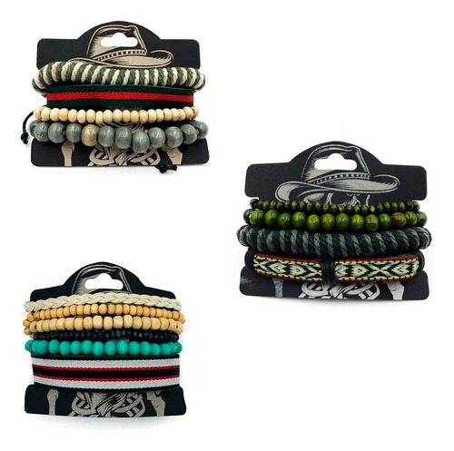 Pulseras Brazaletes Pack X3 Hombre Mujer Moda Hilo Cuero Color Verde Oscuro Diámetro 20 Cm Largo 20 Cm