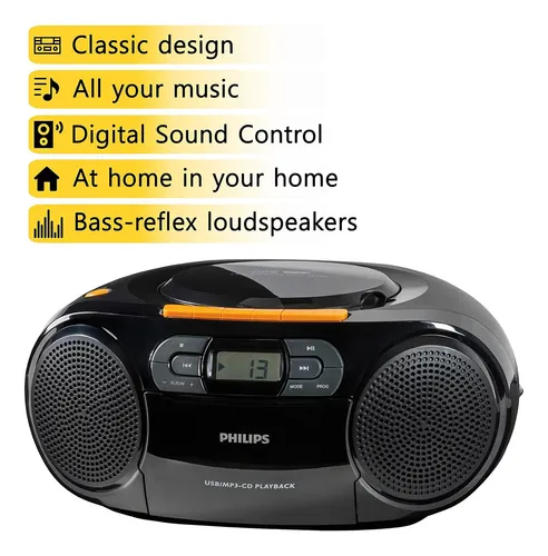 Leitor Philips Usb, Fm, Mp3, Casete, Preto, 1 Unidade Negro