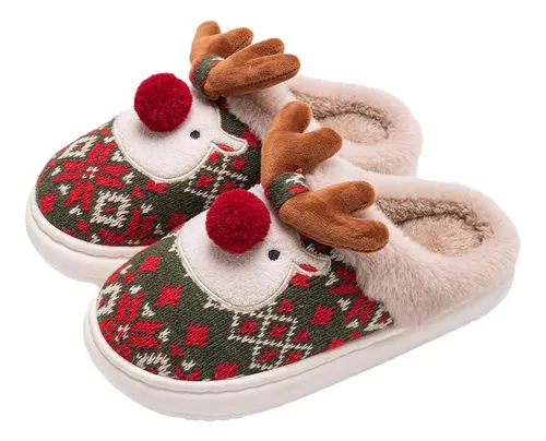 Zapatillas De Algodón De Alce Navideño For Mujer, Zapatos