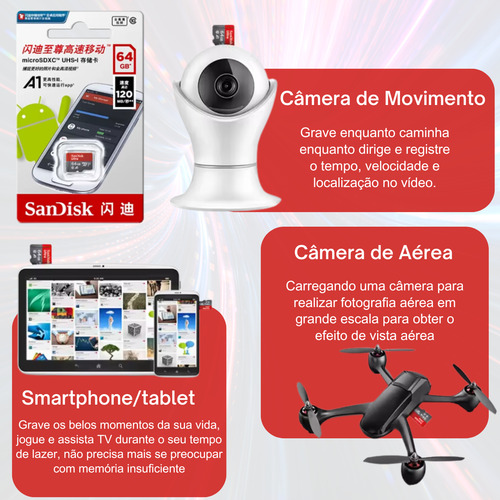 Cartão De Memória 64gb Classe 10 Para Celulares Câmeras