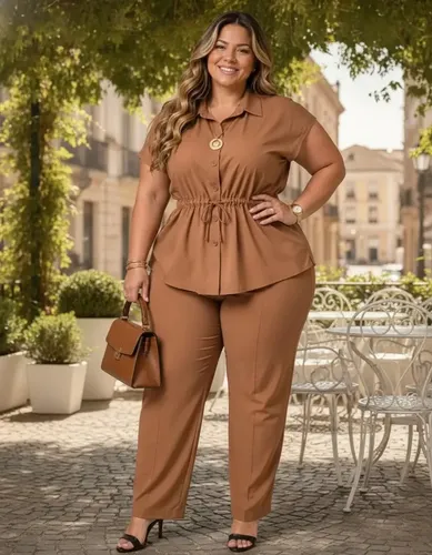 Conjunto Feminino Social Alfaiataria Plus Size Amarração Marrom