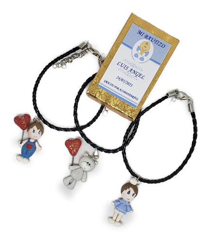 Recuerdo Bautizo 3 Pz Pulsera De Piel Con Dije Niño